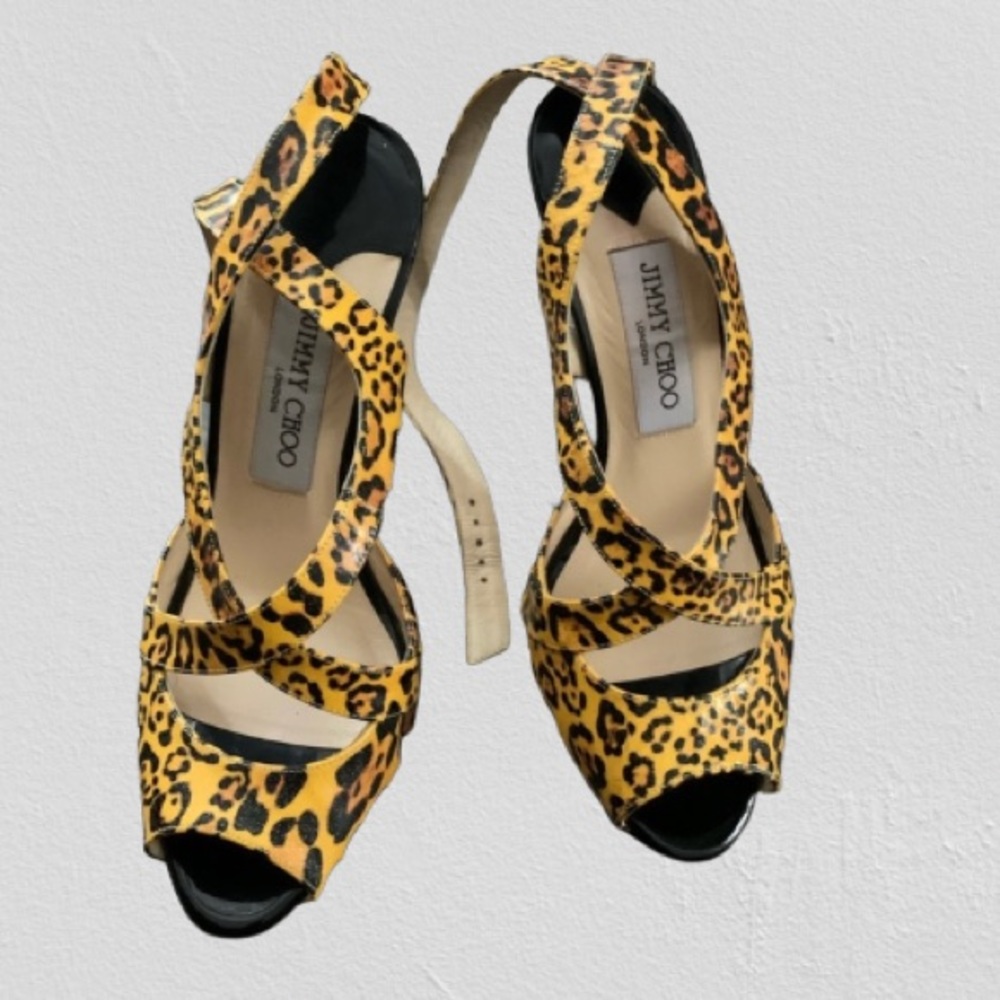 Jimmy Choo Witty Collection Yellow & Black Animal Print Ankle Strap Heel Sandals